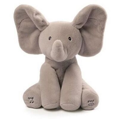 Sbirciata grigia giocattoli di fischio di una peluche di musica, giocattolo farcito elettronico dell'elefante