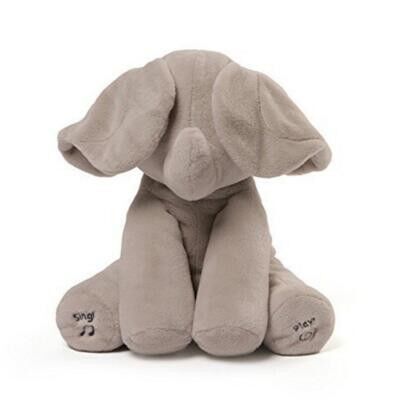 Sbirciata grigia giocattoli di fischio di una peluche di musica, giocattolo farcito elettronico dell'elefante