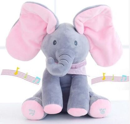 Sbirciata grigia giocattoli di fischio di una peluche di musica, giocattolo farcito elettronico dell'elefante