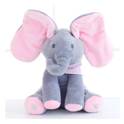 La sbirciata musicale un elefante di fischio gioca a nascondino i giocattoli coccoli della peluche del bambino elettrico