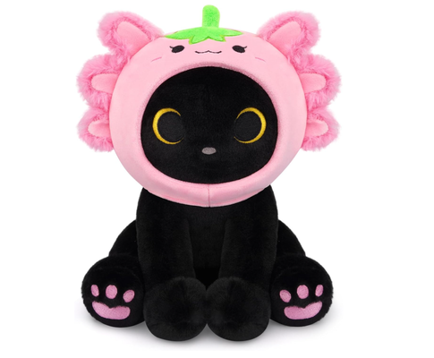 Peluche Gatto Nero Axolotl Fragola Cappuccio Peluche