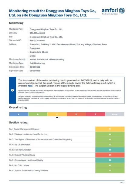 Cina Dongguan City Fuwang Toys Co., Ltd Certificazioni